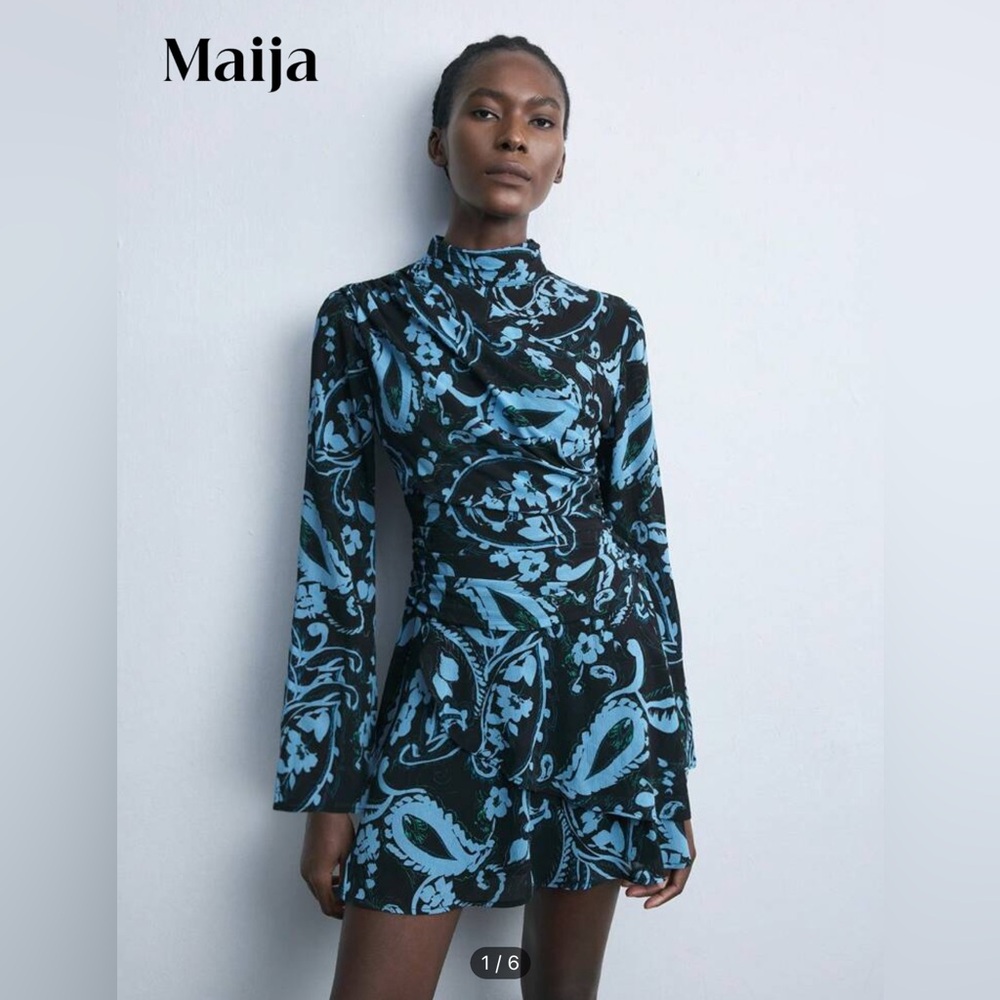 Blue and Black Sheath Dress with Mock Neck for Cocktail